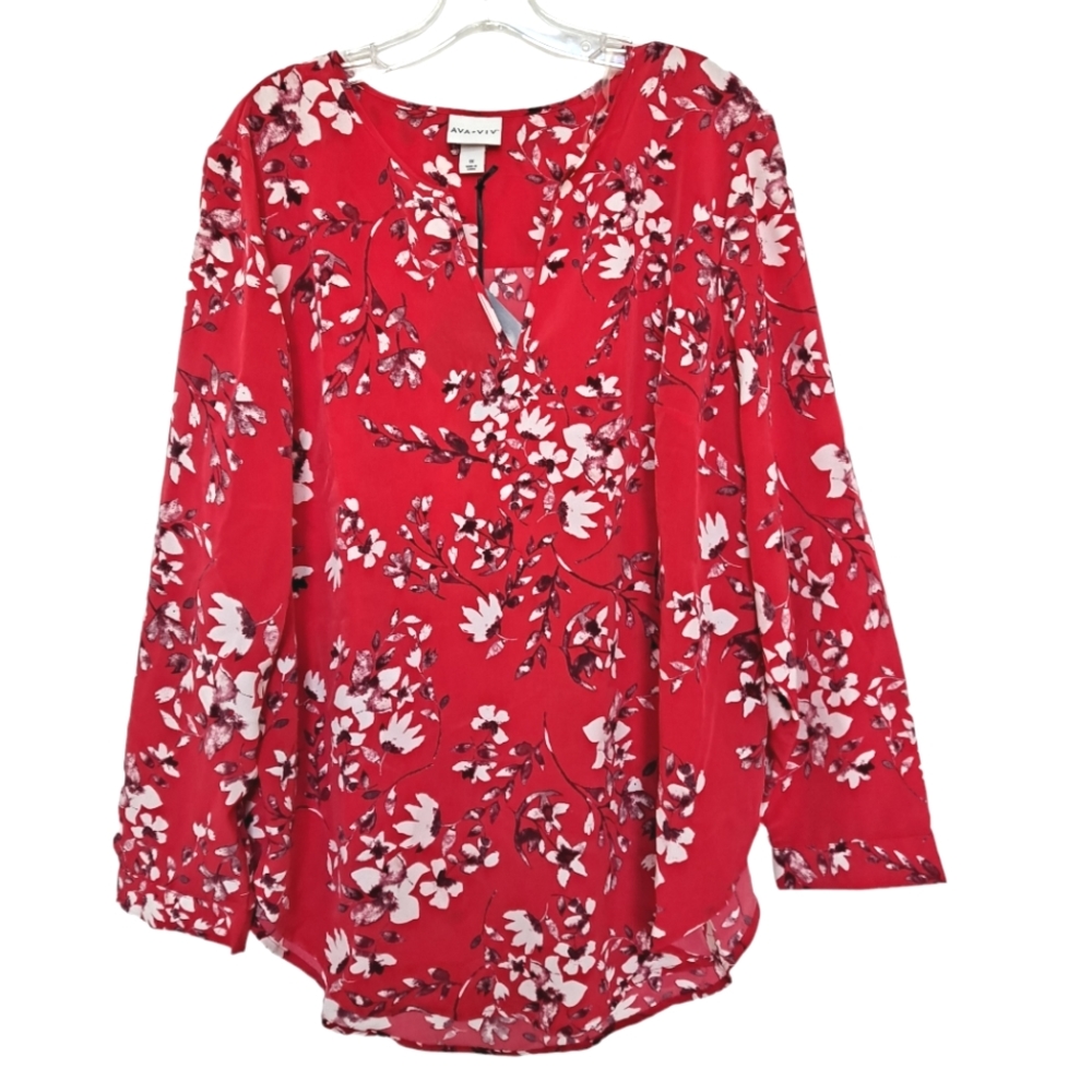 Ava & Viv Red Floral Print Long Sleeve Notched V-neck Blouse Plus 1X